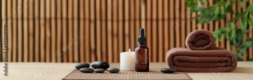 Spa Essentials With Stones, Oils, and Towels on a Wooden Table