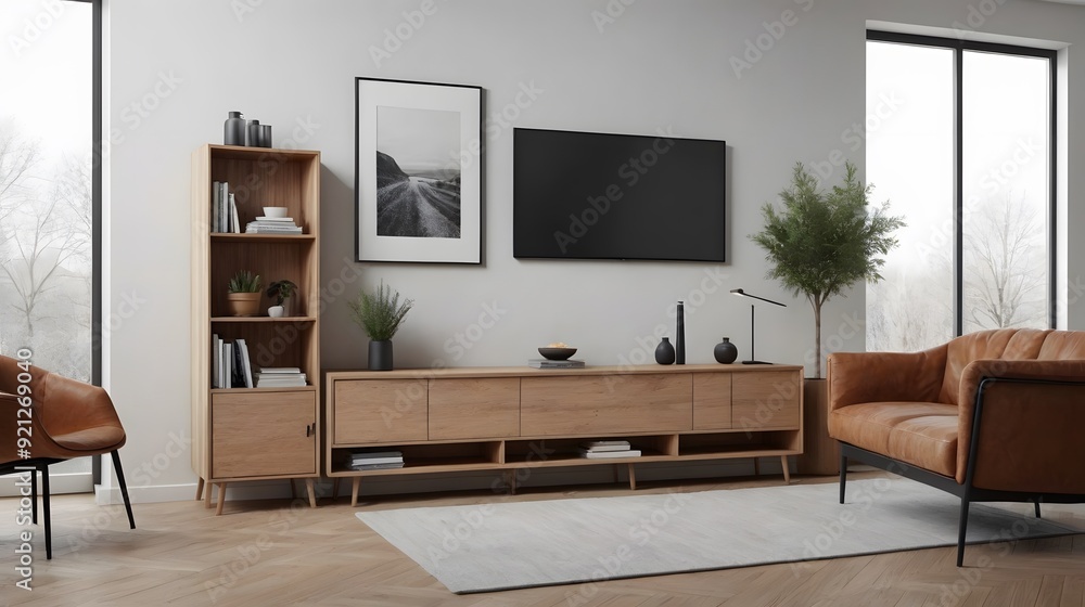 High resolution stylish living room interior design with empty television screen template, ai generated tv unit mock up interior image. High resolution stylish living room interior design with empty television screen template, ai generated tv unit mock up interior image.