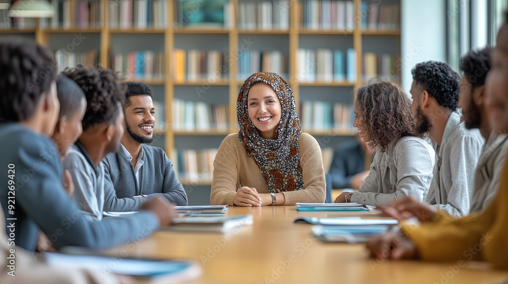 Diverse University Students Engaged in a Roundtable Discussion at the Library Diverse University Students Engaged in a Roundtable Discussion at the Library