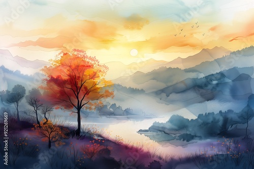 tree field lake mountains background sunset falling leaves dreaming about faraway place early entirely gradients realms trees rivers sunbeams