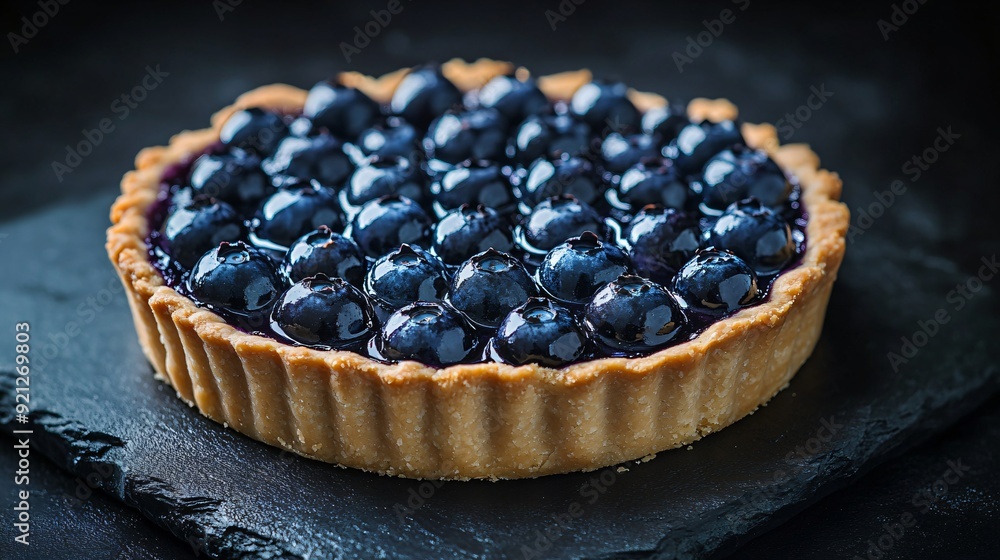 A glossy blueberry tart, with a golden crust and shiny blueberries, sitting on a matte charcoal concrete surface A glossy blueberry tart, with a golden crust and shiny blueberries, sitting on a matte charcoal concrete surface