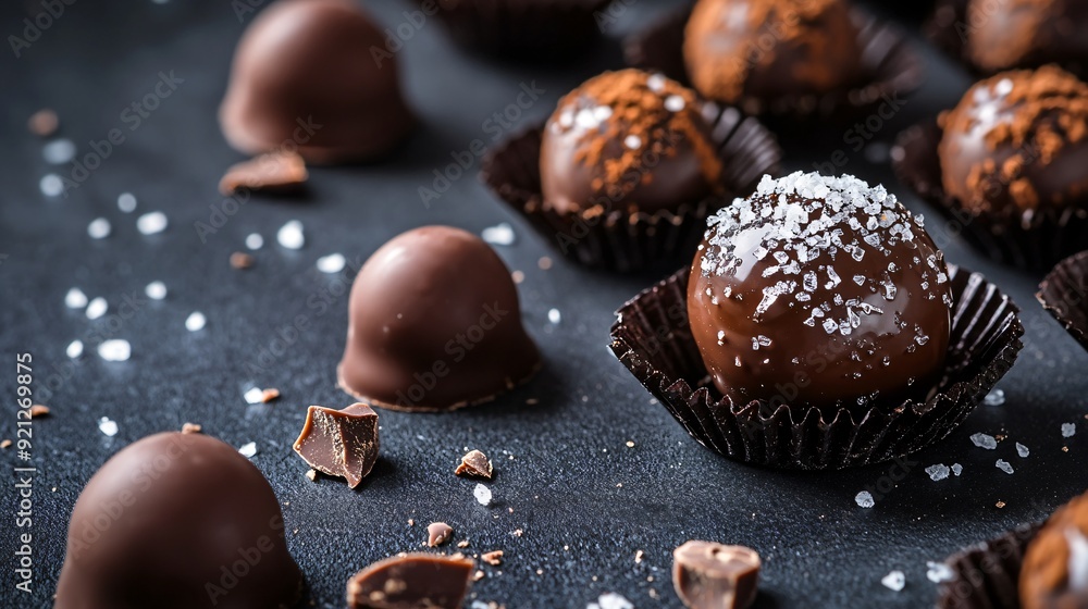 A glossy chocolate truffle with a sprinkling of sea salt, placed on a dark charcoal concrete surface, with a few loose truffles scattered around A glossy chocolate truffle with a sprinkling of sea salt, placed on a dark charcoal concrete surface, with a few loose truffles scattered around