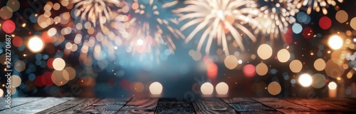 Colorful Fireworks Display Over Blurred Holiday Lights At Night