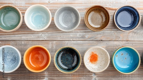 Colorful Ceramic Bowls Arranged on Weathered Wooden Surface