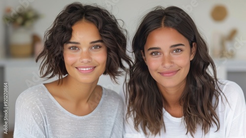 Two Young Women Smiling Together in Cozy Sweaters Indoors on a Bright Day