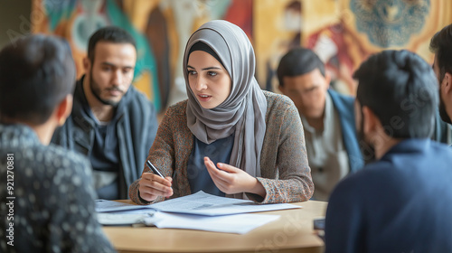 Confident Muslim Woman Leading a Diverse Group Meeting at Work