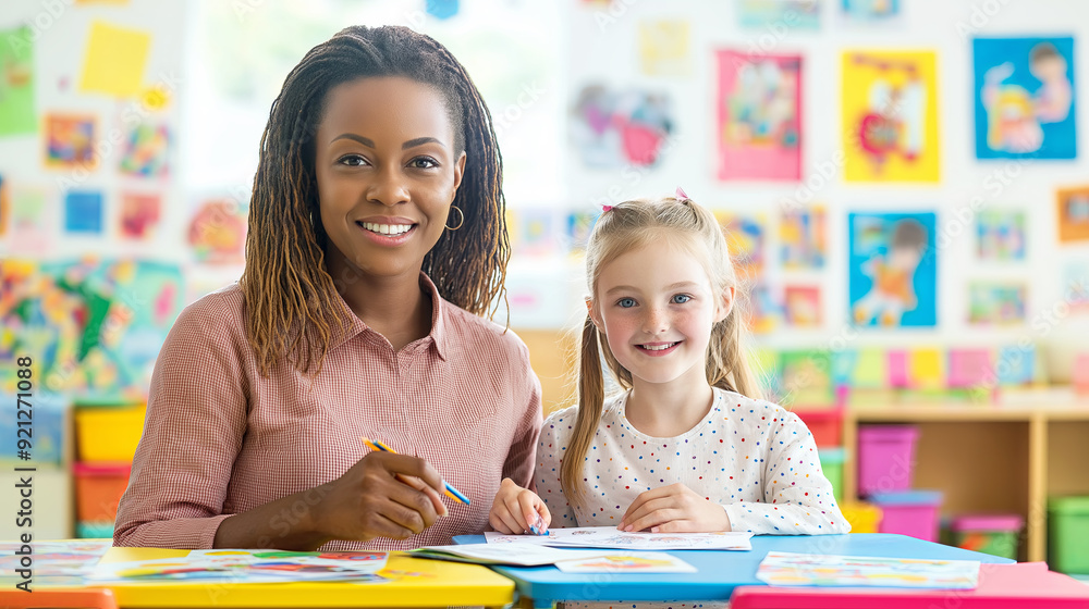 Fototapeta premium Cheerful African American Teacher Assisting Young Student in Colorful Classroom