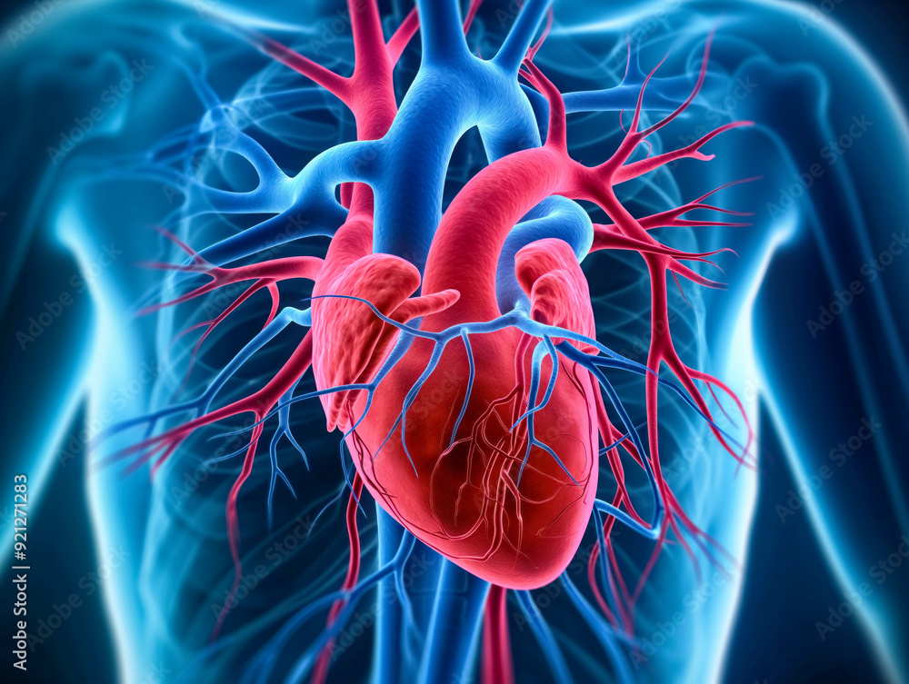 A heart with red and blue veins is shown in a blue and red color scheme. The heart is surrounded by red and blue veins, which give the image a sense of life and vitality
