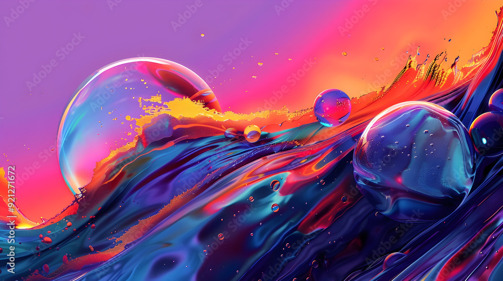 Abstract 3D Illustration of Vibrant Spheres Floating on a Wavy Surface Abstract 3D Illustration of Vibrant Spheres Floating on a Wavy Surface