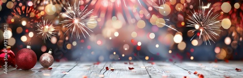 Colorful Fireworks Display Over Blurred Holiday Lights At Night