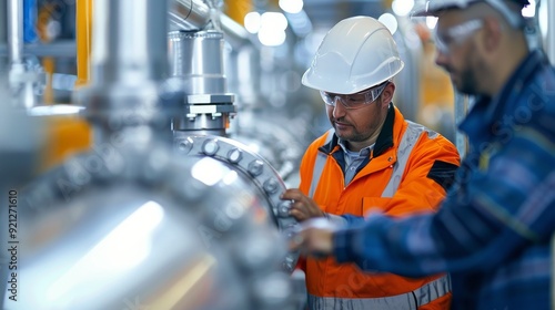 Engineers Discussing Equipment Operations in Industrial Facility