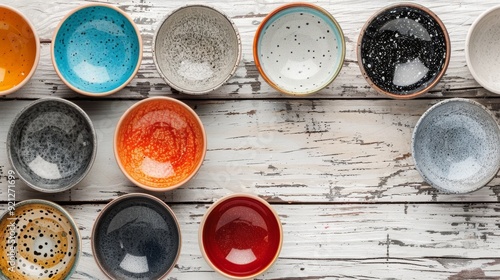 Colorful Ceramic Bowls Arranged on Weathered Wooden Surface