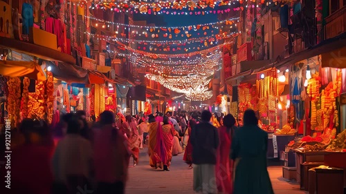 Colorful Diwali festival decorations on busy Indian street, evening celebration with lights and cultural traditions, vibrant market scene photo