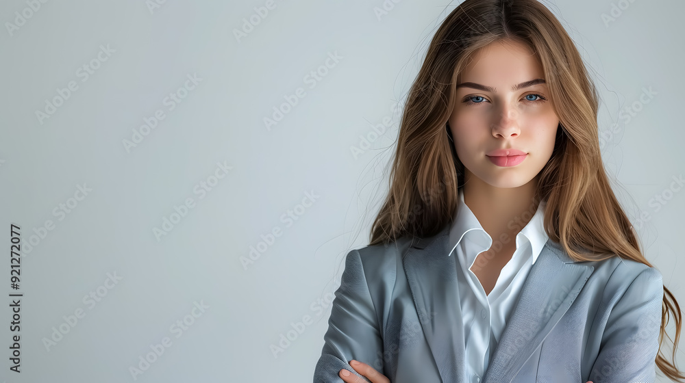 A young businesswoman posed against a white background. A young businesswoman posed against a white background.