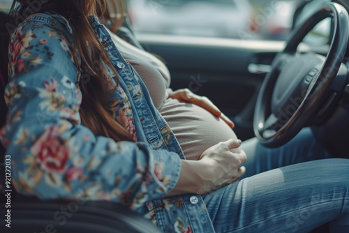 Young woman sitting in driver seat of car and driving at home photo