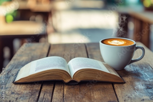 Open Book and Steaming Cup of Coffee on Wooden Table