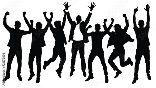 Silhouettes of Happy Men, Success, Happy Emotion, Win, Collection, Shadow, Jump, Celebration. Winners and happy men