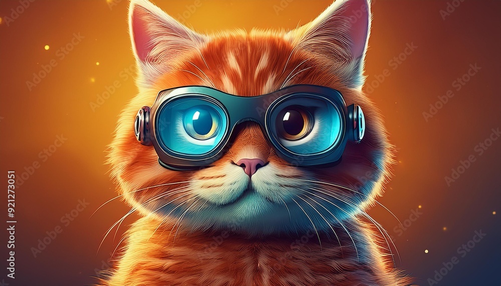 Animation of goofy and funny orange cat with blue green goggles or glasses portrait Animation of goofy and funny orange cat with blue green goggles or glasses portrait