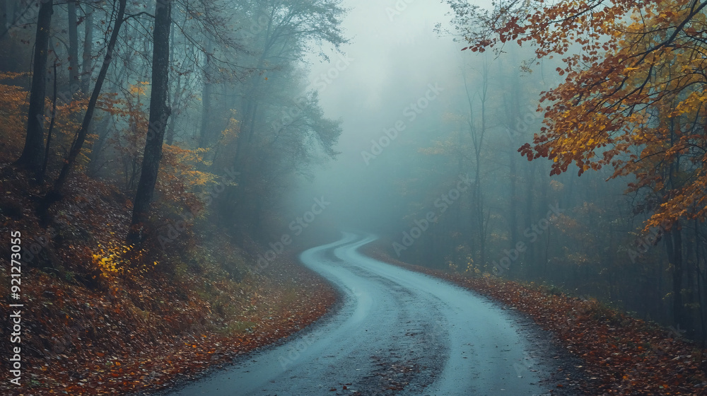 Obraz premium Mystical and eerie autumn forest with a road shrouded in fog, creating a magical and fairytale-like atmosphere.
