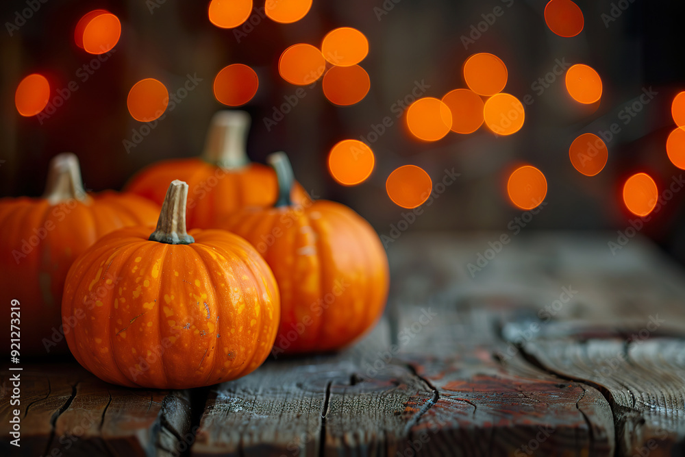 Two pumpkins with lit candles on a table with orange leaves on the ground generative ai. Two pumpkins with lit candles on a table with orange leaves on the ground generative ai.