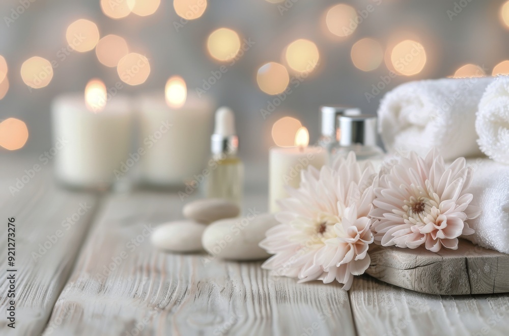 Spa Essentials With Candles and Stones on Wooden Surface in Cozy Setting Spa Essentials With Candles and Stones on Wooden Surface in Cozy Setting