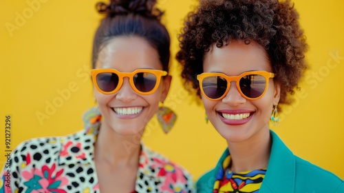 Friends Smiling in Colorful Outfits at Beachside Location on a Sunny Day