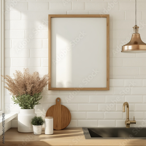 Mockup of a 4x5 vertical wooden frame in a modern kitchen interior, in a Scandinavian / boho style, with sunlight on white wall. Artwork, poster, art print, wall art mockup. photo