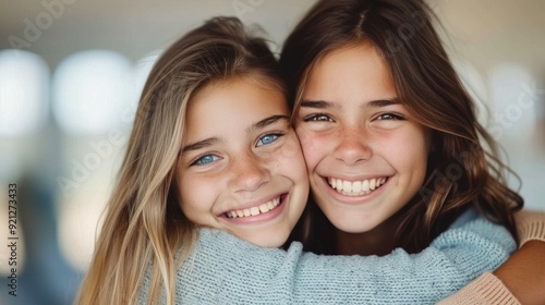 Two Happy Girls Embracing in a Bright Indoor Setting During Daytime