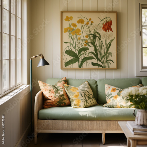 Floral painting in a wooden frame decorating a vintage rustic living room. Artwork, art print, wall art mockup. Summer cottage, farmhouse, cozy home interior.