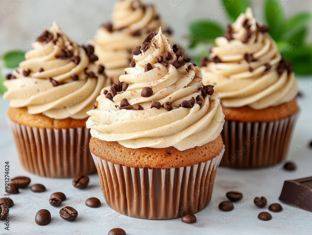 Cupcakes with coffee cream poured with chocolate on a light background Cupcakes with coffee cream poured with chocolate on a light background