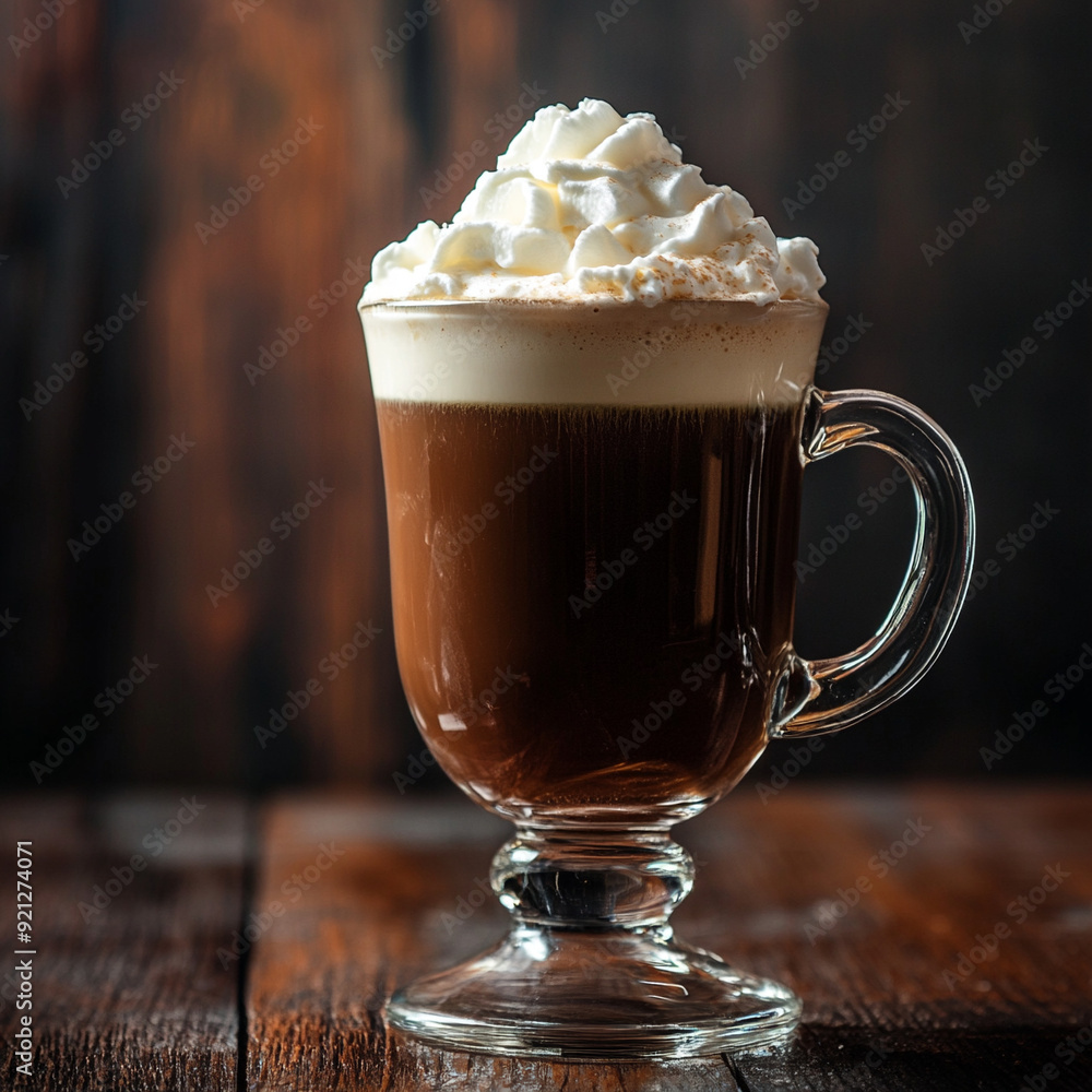 Gourmet hot coffee with whipped cream in a glass mug - a cozy drink concept. Gourmet hot coffee with whipped cream in a glass mug - a cozy drink concept.