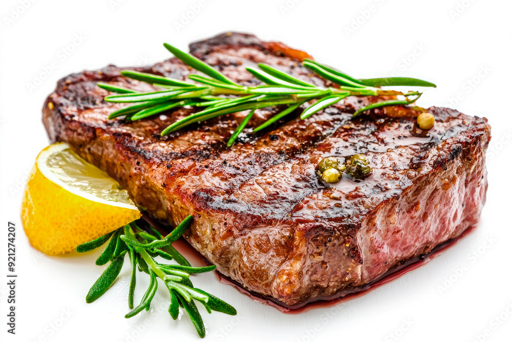 Juicy beef steak grilled with aromatic herbs isolated on white background Juicy beef steak grilled with aromatic herbs isolated on white background