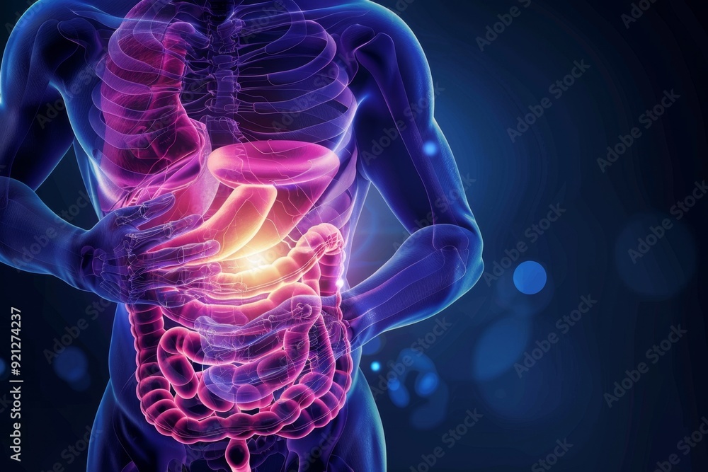 Illustration of a man grimacing in discomfort as he clutches his stomach with his hand, Illustration of the pain and discomfort associated with stomach ulcers Illustration of a man grimacing in discomfort as he clutches his stomach with his hand, Illustration of the pain and discomfort associated with stomach ulcers