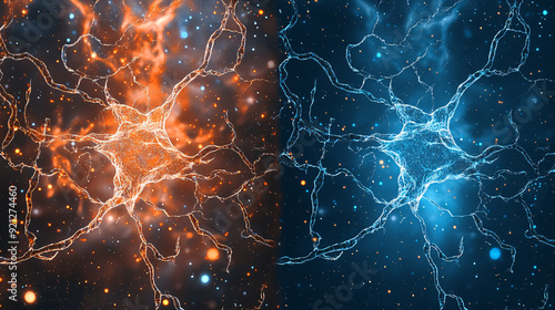 Two images of a brain with orange and blue colors. The orange one is on the left and the blue one is on the right.