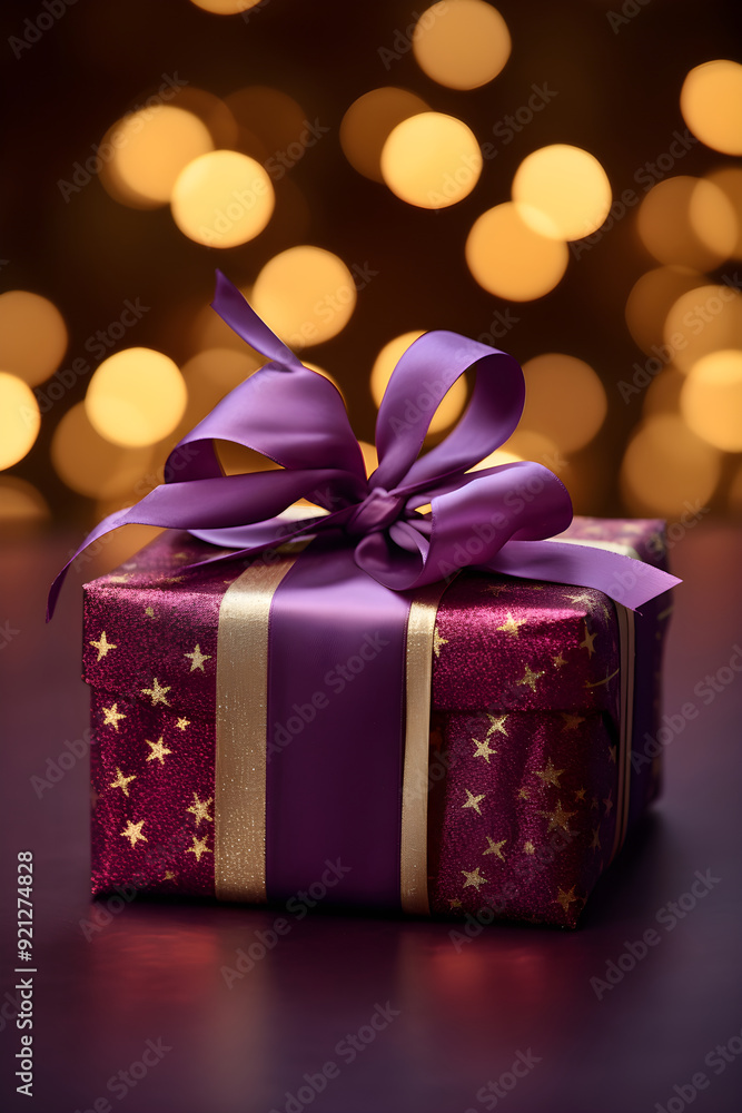 Embellished Gift Wrapped in Shiny Paper with Textured Background and Delicate Ribbon