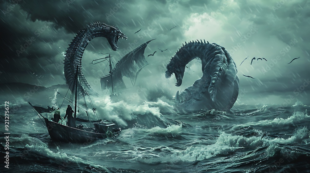 A monstrous creature rising from the sea, attacking a weak and defenseless boat, with the city skyline in the background and the moon casting an eerie glow. A monstrous creature rising from the sea, attacking a weak and defenseless boat, with the city skyline in the background and the moon casting an eerie glow.
