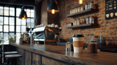 A coffee shop interior featuring a table with "coffee to go" cups and various accessories like sugar packets, stirrers, and napkins. The background includes cozy seating and decor typical of a coffee 