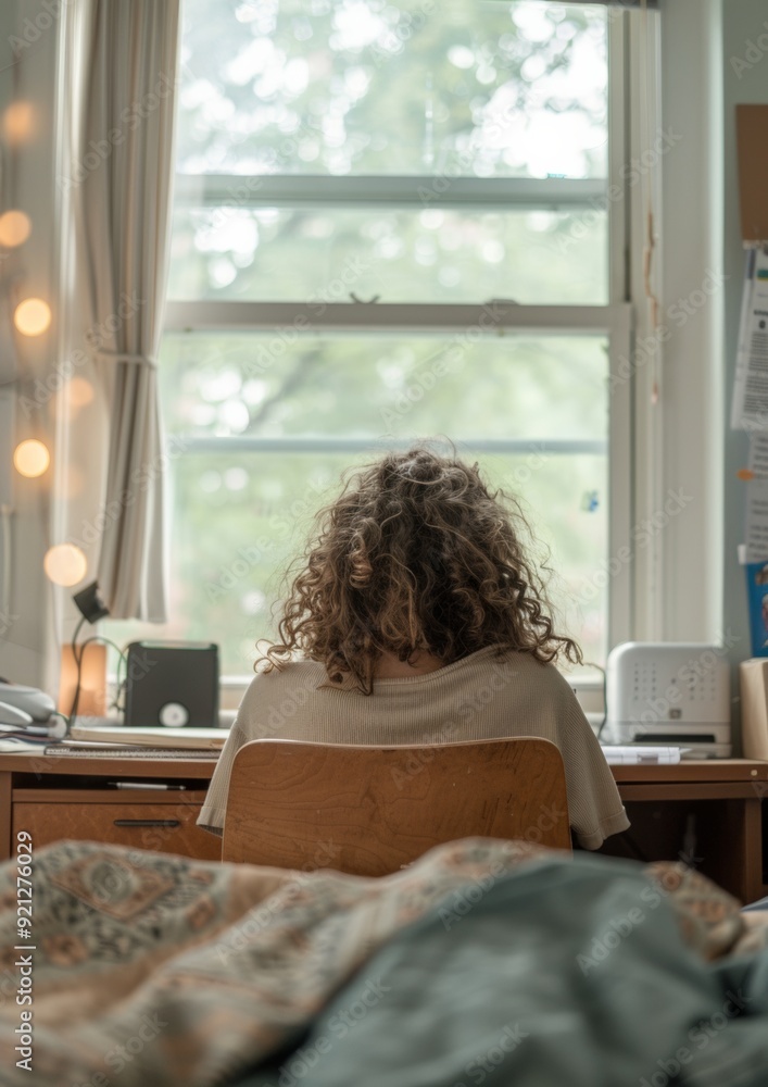 Stylish Dorm Room with Medium-Skinned Female Student Organizing Study Materials at Desk with Essential Items - Daytime Tranquility and Practicality Stylish Dorm Room with Medium-Skinned Female Student Organizing Study Materials at Desk with Essential Items - Daytime Tranquility and Practicality