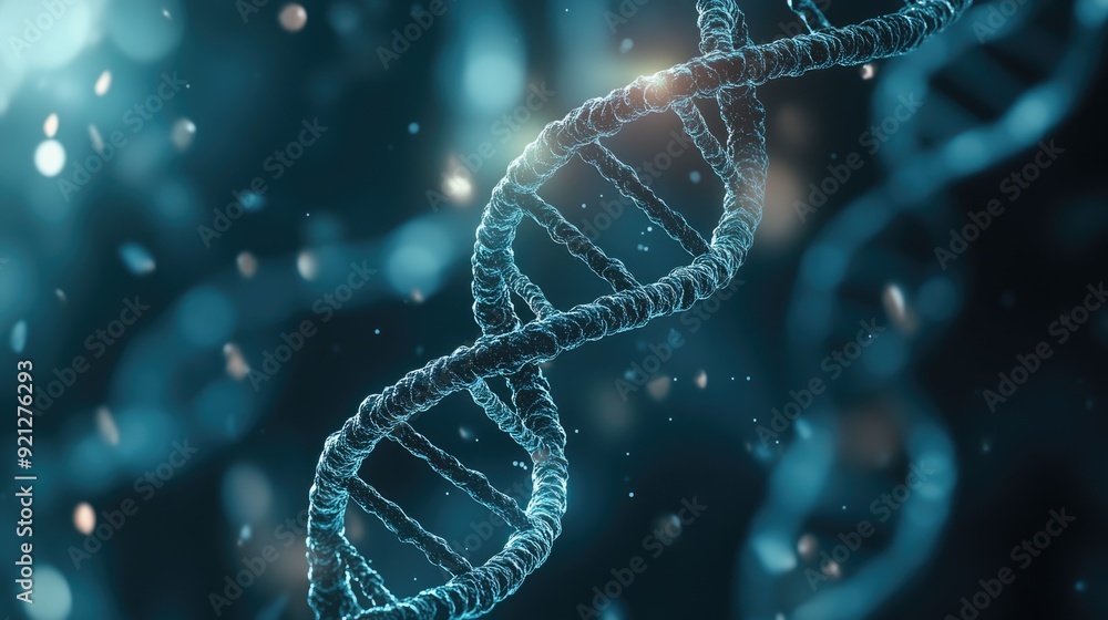 Close-up of a glowing blue DNA helix against a dark background Close-up of a glowing blue DNA helix against a dark background