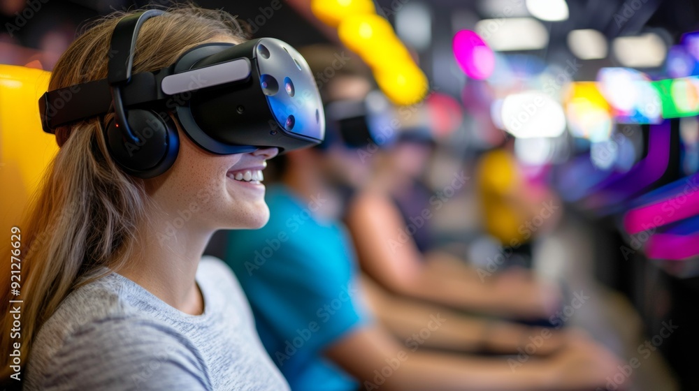 a woman wearing virtual reality device a woman wearing virtual reality device