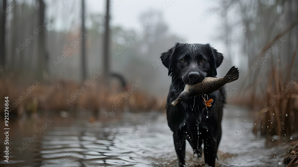 A Black Labrador retrieving a mallard during a duck hunting outing with its owner at a lake. A Black Labrador retrieving a mallard during a duck hunting outing with its owner at a lake.