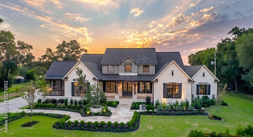 wide angle shot of an open concept luxury single family home with a large front porch and covered small roofed area, grey shingle wall cladding and white stone walls, 