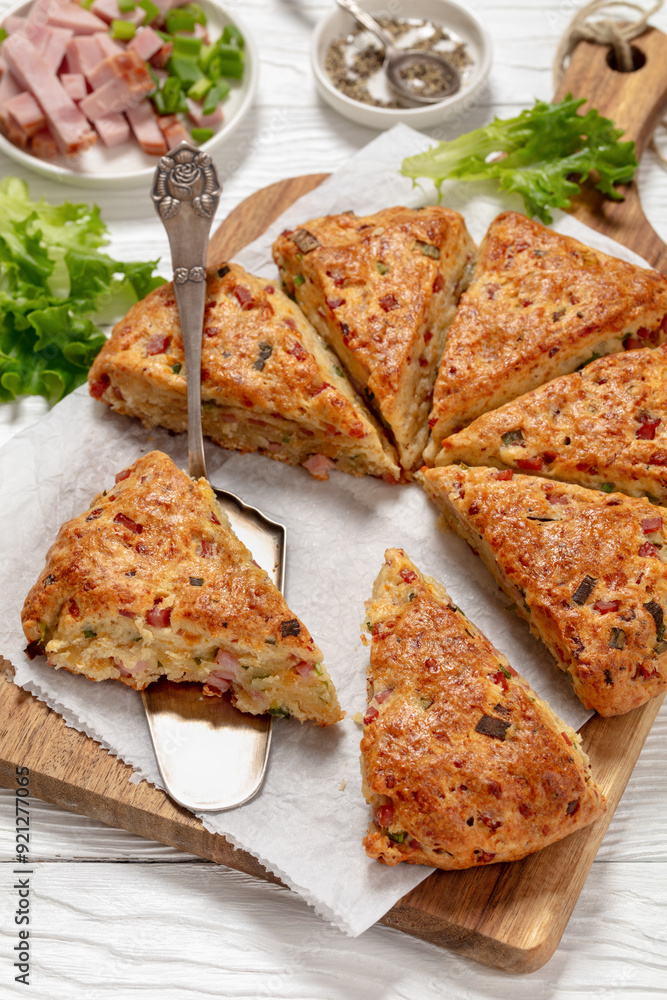 Ham and cheese triangle american scones, top view Ham and cheese triangle american scones, top view
