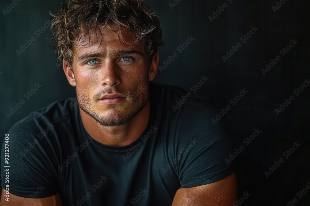 muscular model showcasing fitted black tshirt dramatic chiaroscuro lighting minimalist studio setting fashionforward pose muscular model showcasing fitted black tshirt dramatic chiaroscuro lighting minimalist studio setting fashionforward pose