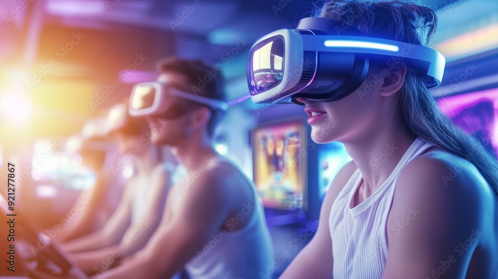 a woman wearing virtual reality device a woman wearing virtual reality device