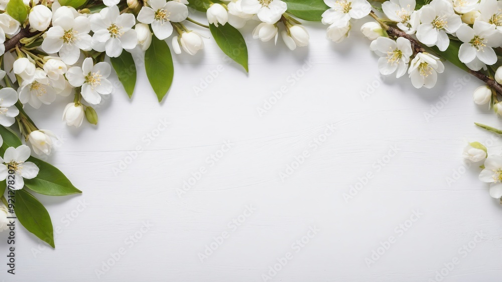 White Wooden Table with Spring Flowers Background White Wooden Table with Spring Flowers Background
