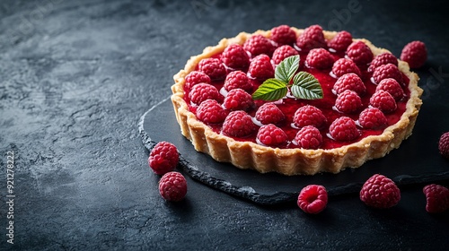 A vibrant raspberry tart with a glossy red finish, sitting on a dark, textured charcoal concrete surface, with a few fresh raspberries scattered around