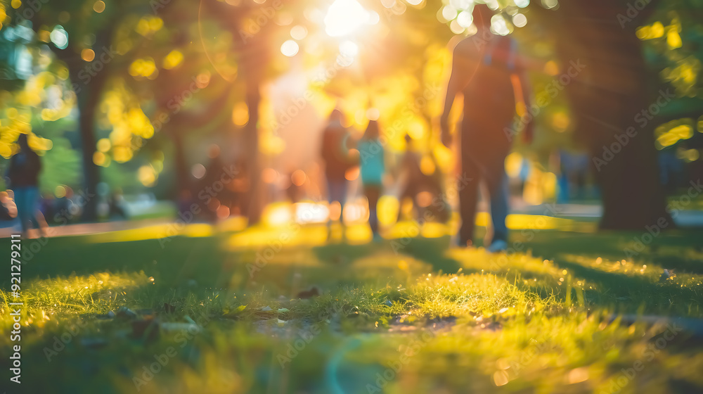 A blurred background of people walking in a recreational park, evoking a sense of relaxation A blurred background of people walking in a recreational park, evoking a sense of relaxation