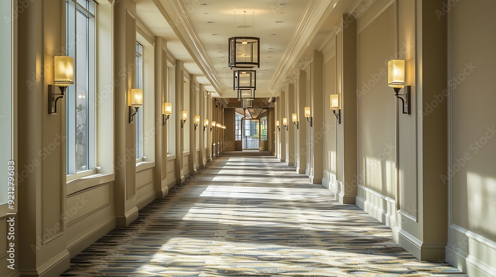 A serene hotel corridor with plush carpeting, elegant light fixtures, and soft natural light streaming through the windows, A serene hotel corridor with plush carpeting, elegant light fixtures, and soft natural light streaming through the windows,