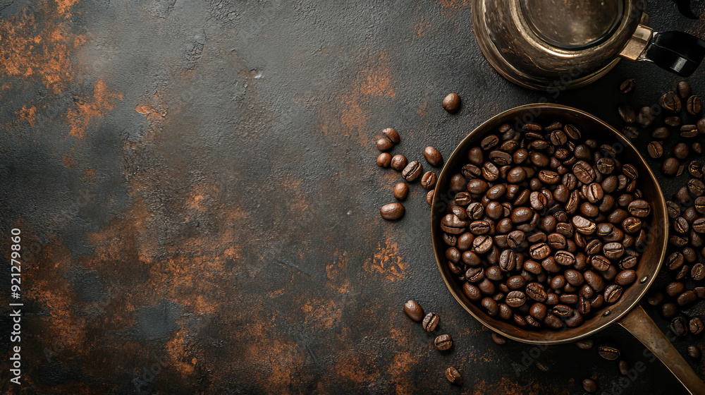 A metal spoon filled with coffee beans lies next to a coffee maker on a dark textured background. The arrangement is viewed from above, with ample copy space around the objects. A metal spoon filled with coffee beans lies next to a coffee maker on a dark textured background. The arrangement is viewed from above, with ample copy space around the objects.